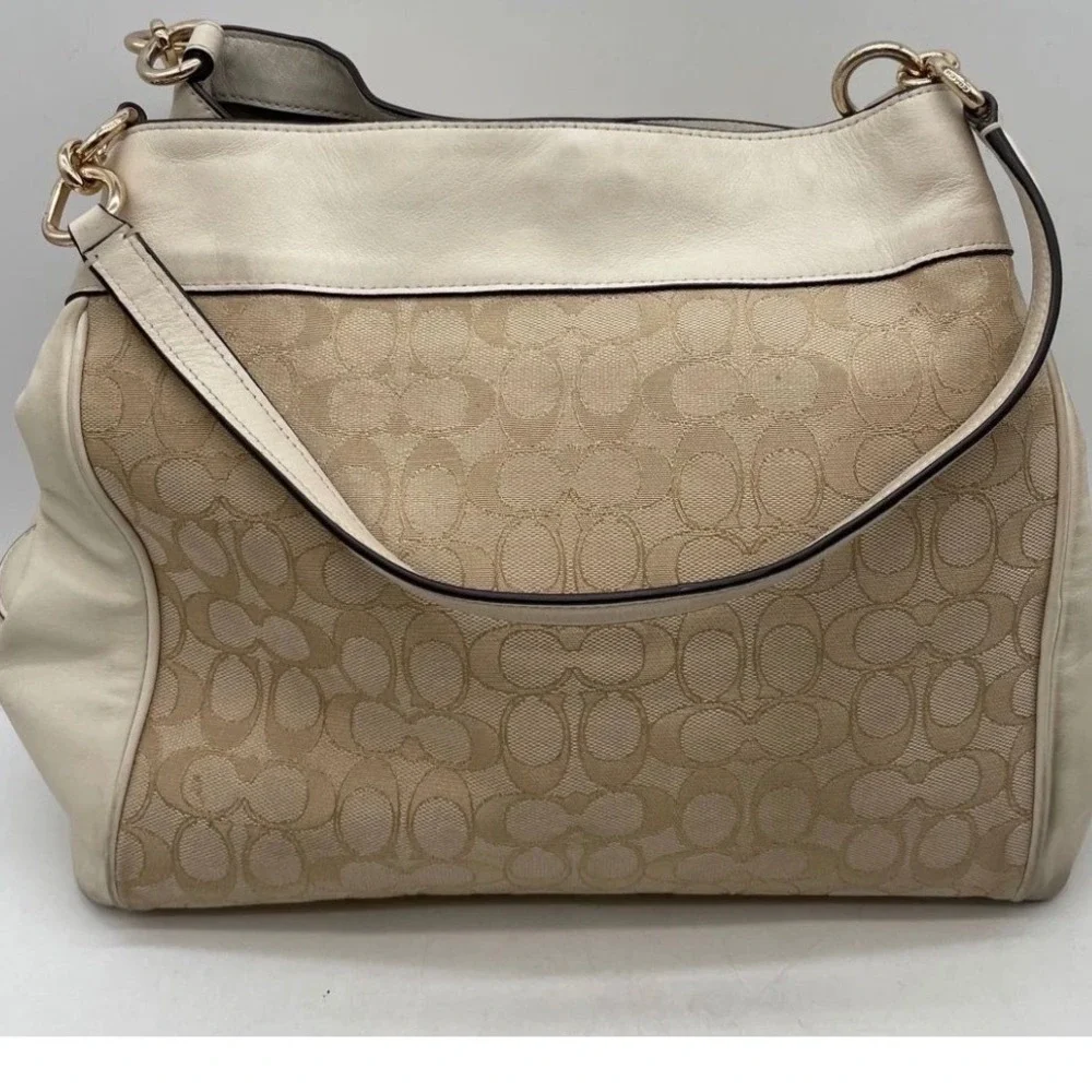 Coach Signature Jacquard Leather Hobo Bag Cream Beige Gold Hardware
